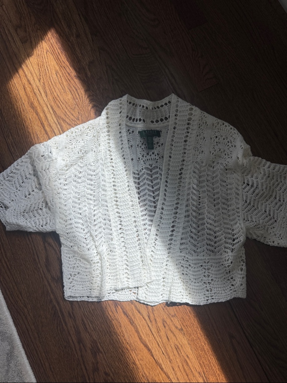 Lauren Ralph Lauren Cream Open-Knit Cropped Cardigan